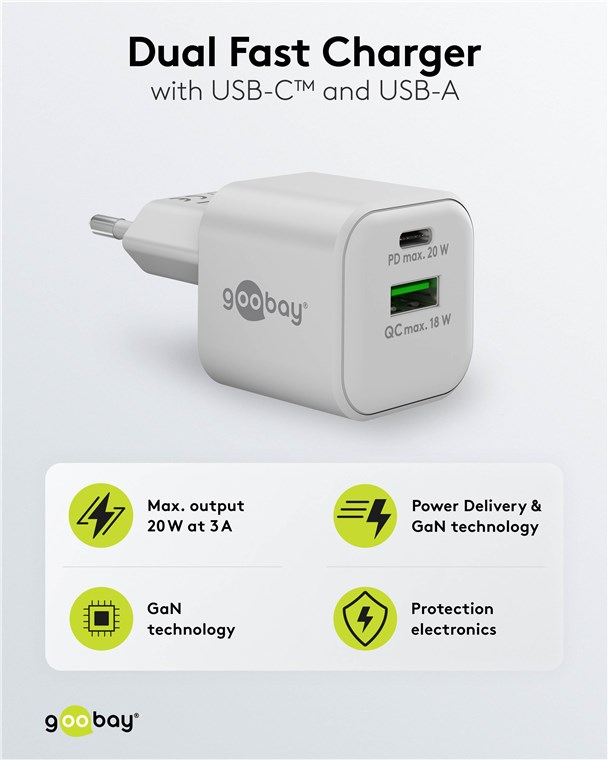 Netzteil 20W (1 x USB-C, 1 x USB-A) Nano weiß goobay