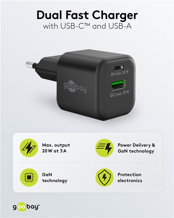 Netzteil 20W (1 x USB-C, 1 x USB-A) Nano schwarz goobay