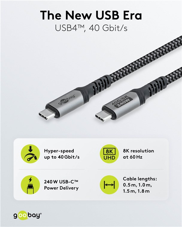 Kabel USB-C USB4 1.5M 240W schwarz/grau goobay 