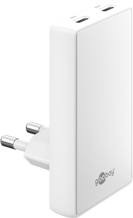 Netzteil 65W (2 x USB-C) 90° Flat weiß goobay