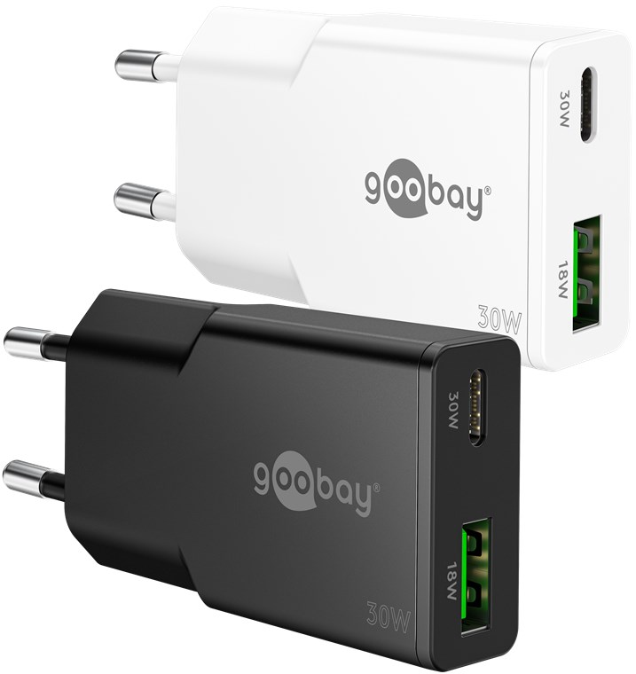 Netzteil 30W (1 x USB-C, 1 x USB-A) Slim weiß goobay
