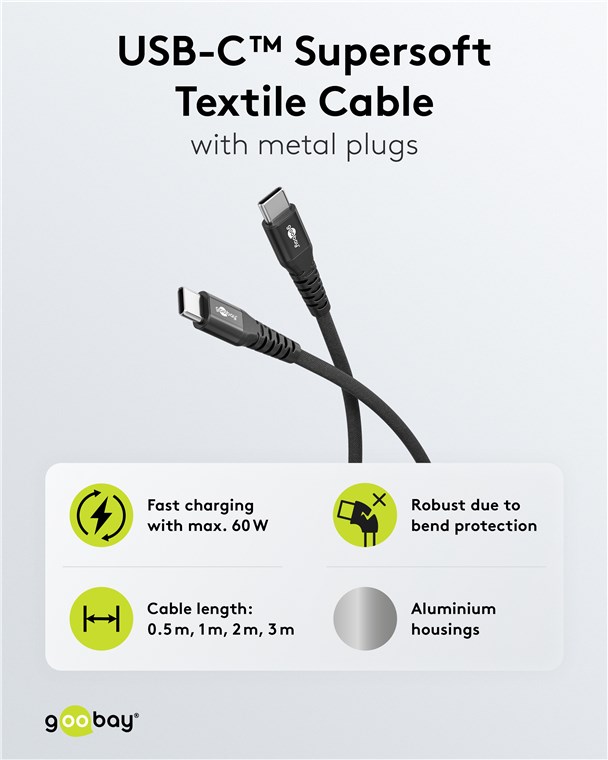 Kabel USB-C, Textilgewebe Supersoft, 60 W (3 A)